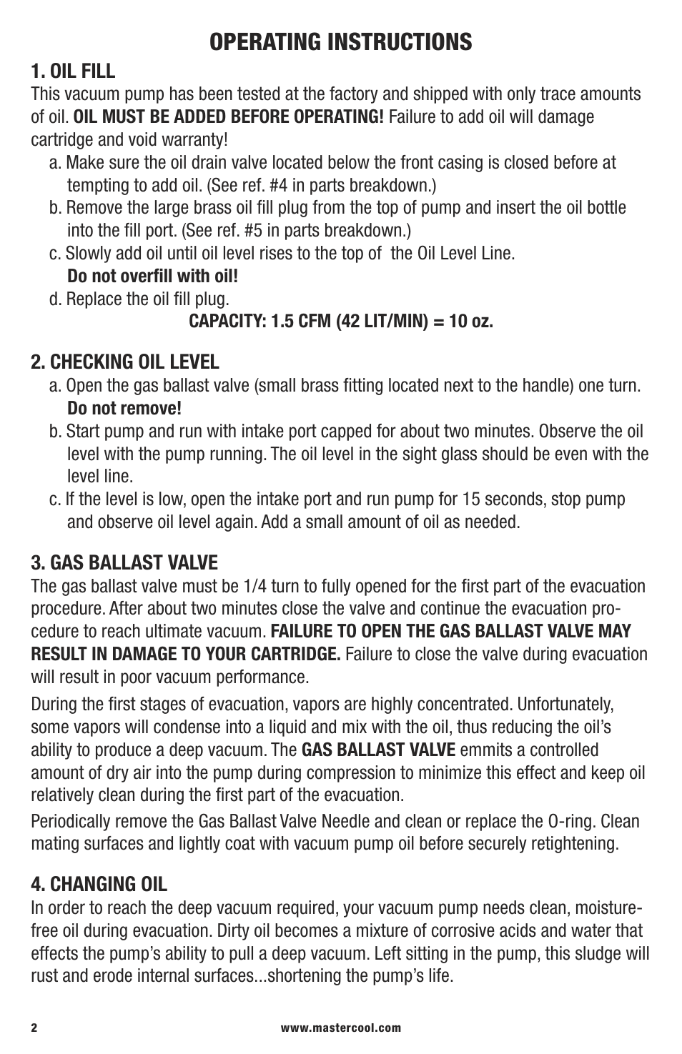 Operating instructions | Mastercool 90060 1.5 CFM VACUUM PUMP (TWO STAGE) User Manual | Page 2 / 4