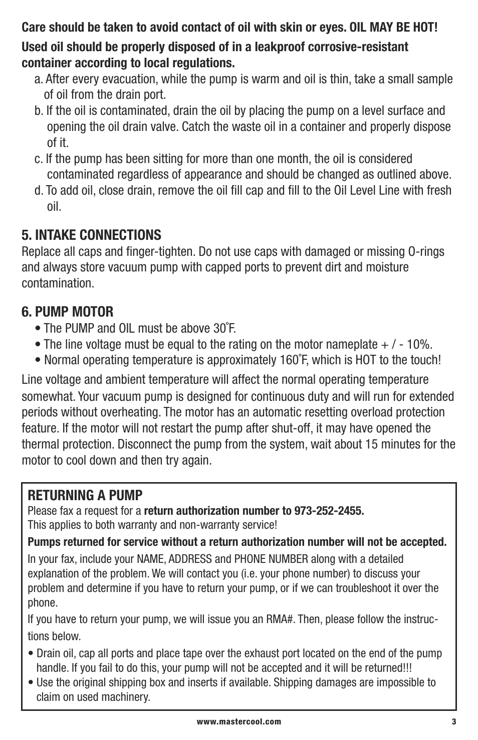 Intake connections, Pump motor, Returning a pump | Mastercool 90060 1.5 CFM VACUUM PUMP (TWO STAGE) User Manual | Page 3 / 4