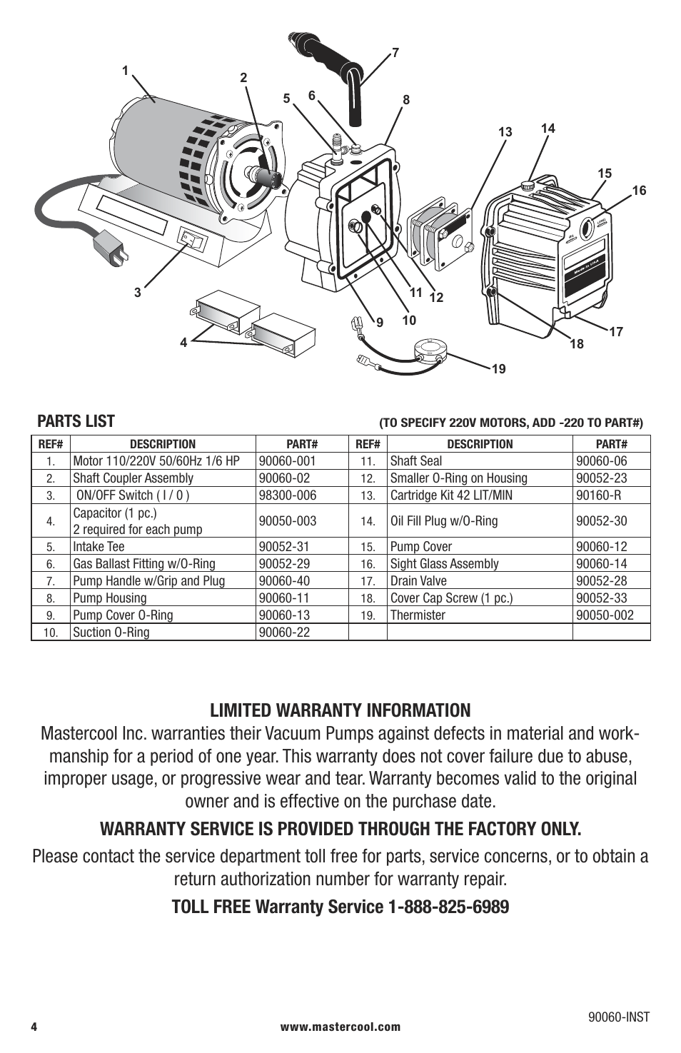 Parts list | Mastercool 90060 1.5 CFM VACUUM PUMP (TWO STAGE) User Manual | Page 4 / 4
