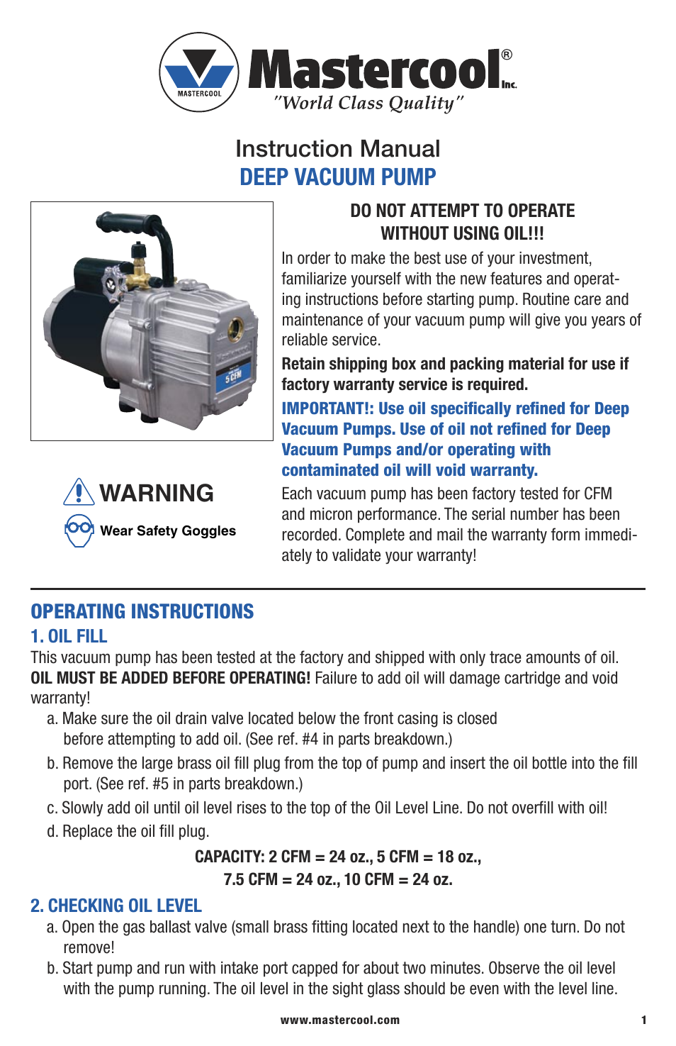 Mastercool 90067 7.5 CFM VACUUM PUMP (TWO STAGE) User Manual | 4 pages