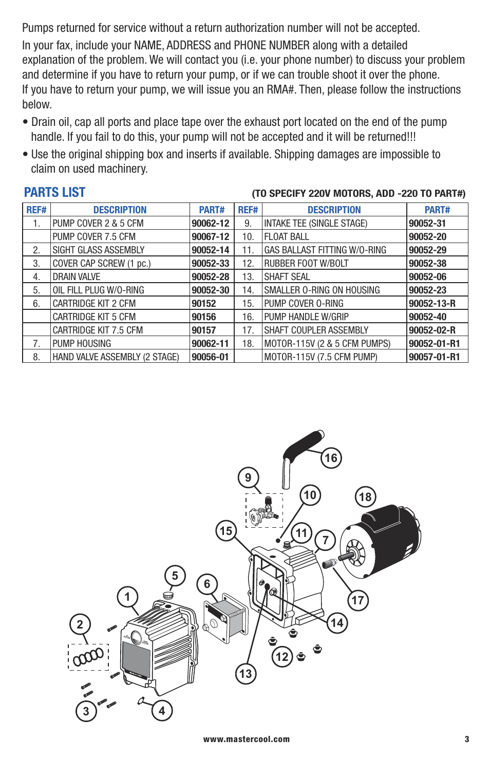 Parts list | Mastercool 90067 7.5 CFM VACUUM PUMP (TWO STAGE) User Manual | Page 3 / 4