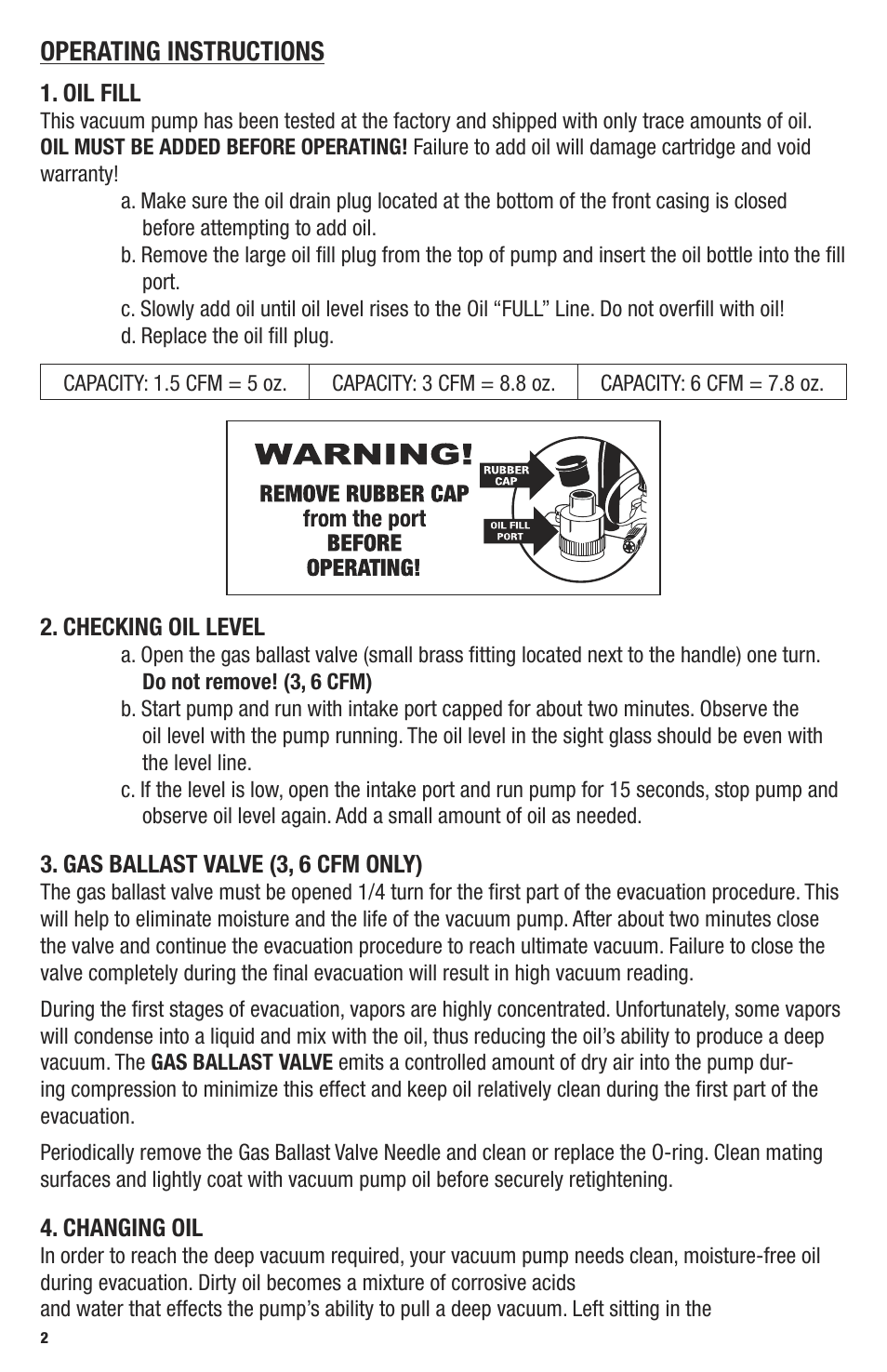 Operating instructions | Mastercool 90066-2V-110 6 CFM VACUUM PUMP (TWO STAGE) User Manual | Page 2 / 4