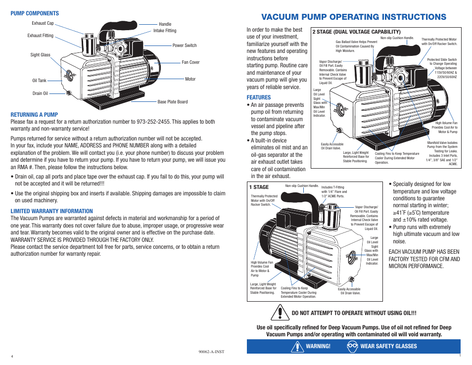 Mastercool 90066-A 6 CFM VACUUM PUMP (SINGLE STAGE) User Manual | 2 pages
