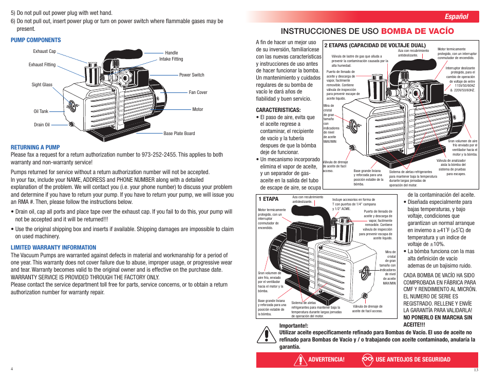 Instrucciones de uso bomba de vacío, Español, Advertencia! use anteojos de seguridad | Mastercool 90070-2V-110 10 CFM VACUUM PUMP (TWO STAGE) User Manual | Page 4 / 8