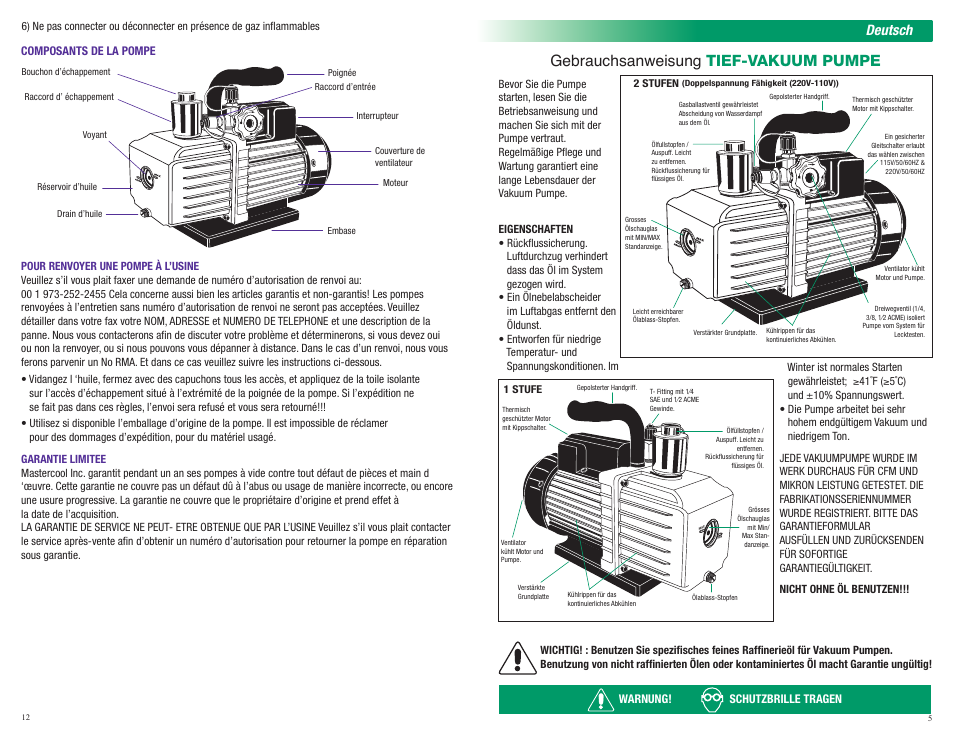 Gebrauchsanweisung tief-vakuum pumpe, Deutsch, Composants de la pompe | Warnung! schutzbrille tragen | Mastercool 90070-2V-110 10 CFM VACUUM PUMP (TWO STAGE) User Manual | Page 5 / 8