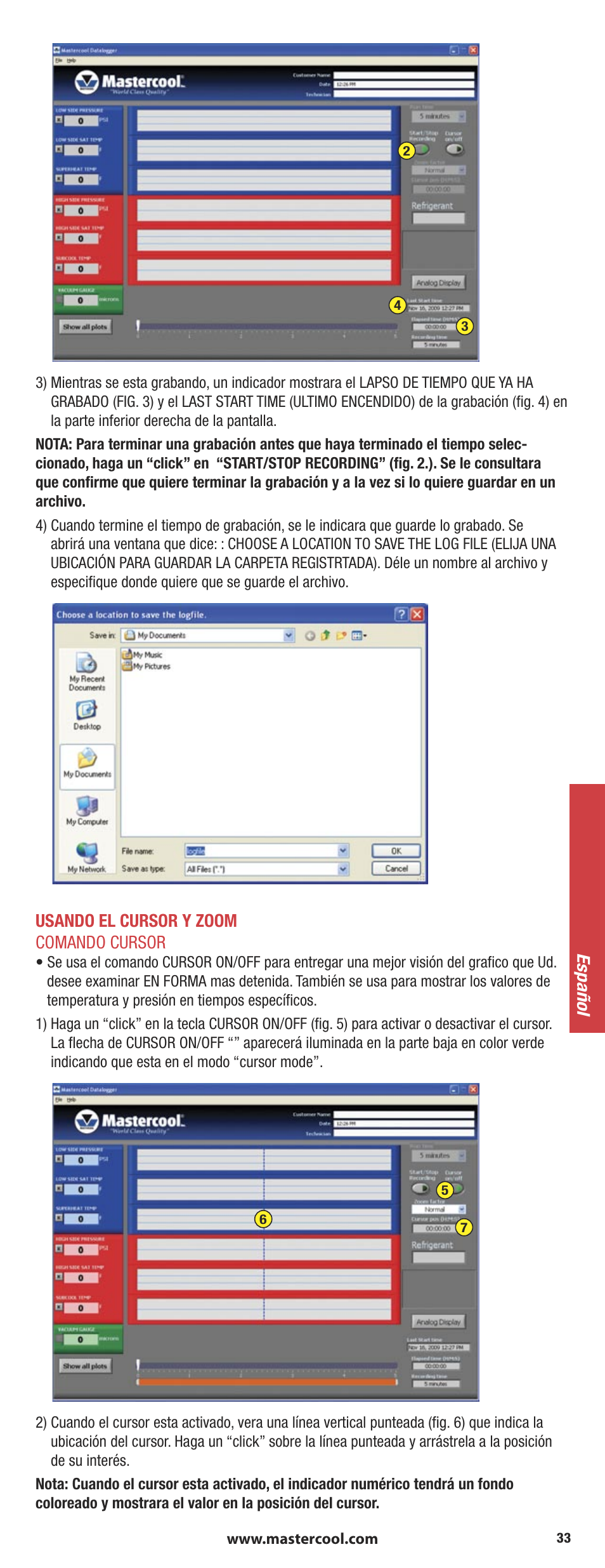 Usando el cursor y zoom comando cursor, Español | Mastercool 90413 4-way Valve Digital Manifold User Manual | Page 33 / 56