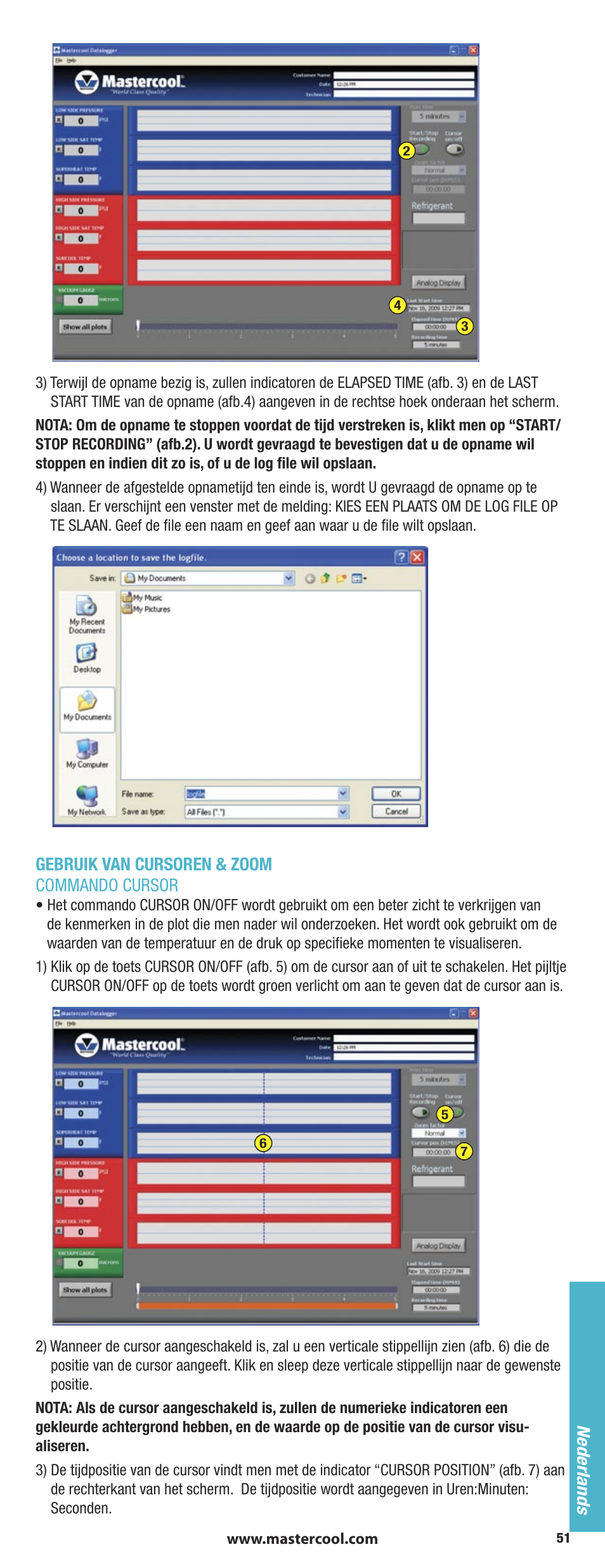 Gebruik van cursoren & zoom commando cursor, Nederlands | Mastercool 90413 4-way Valve Digital Manifold User Manual | Page 51 / 56