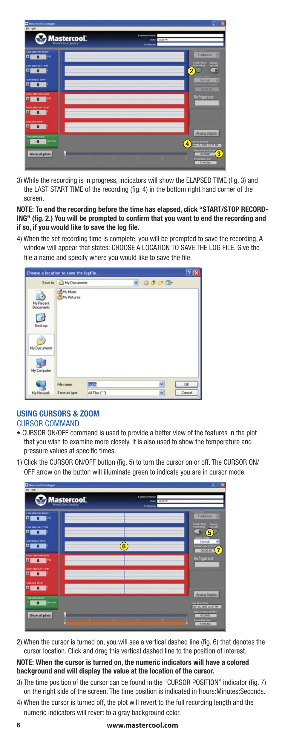 Using cursors & zoom cursor command | Mastercool 90413 4-way Valve Digital Manifold User Manual | Page 6 / 56