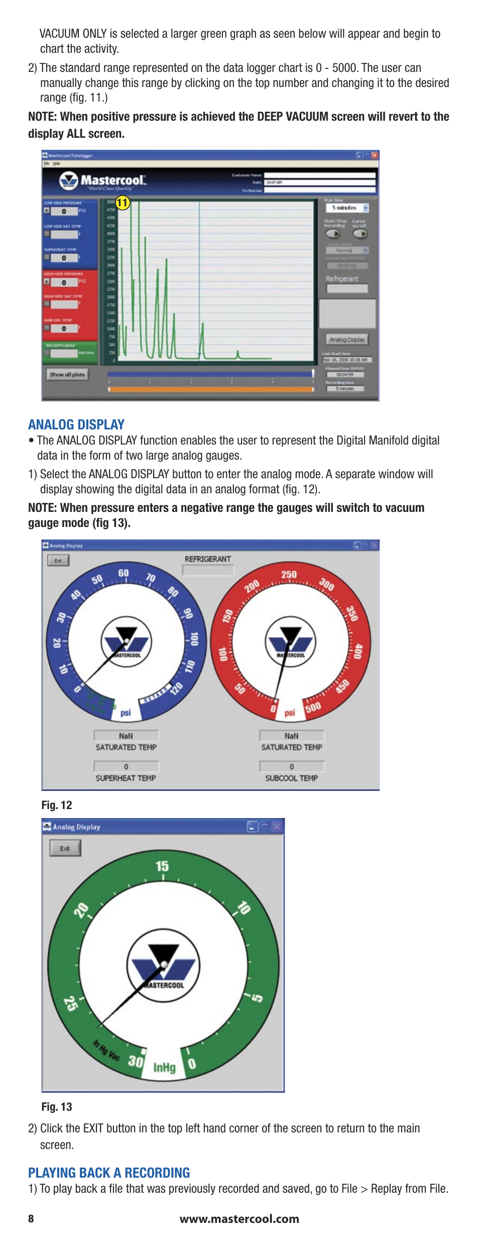 Analog display, Playing back a recording | Mastercool 90413 4-way Valve Digital Manifold User Manual | Page 8 / 56