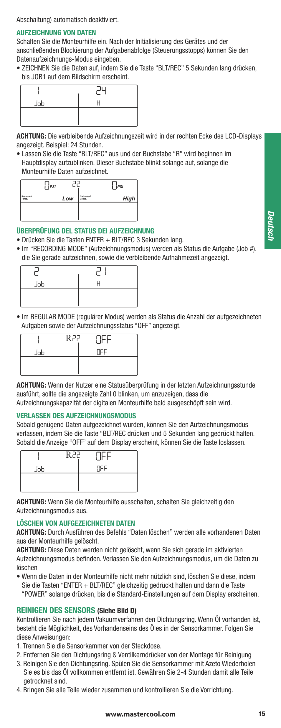 Reinigen des sensors, Deutsch, Siehe bild d) | Mastercool 90413 4-way Valve Digital Manifold User Manual | Page 15 / 48