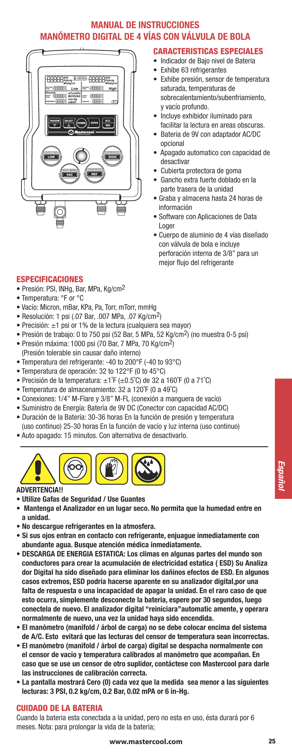 Caracteristicas especiales, Especificaciones, Cuidado de la bateria | Español | Mastercool 90413 4-way Valve Digital Manifold User Manual | Page 25 / 48