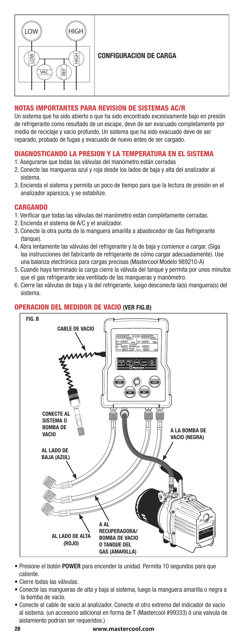 Cargando, Operacion del medidor de vacio, Ver fig.b) | Mastercool 90413 4-way Valve Digital Manifold User Manual | Page 28 / 48