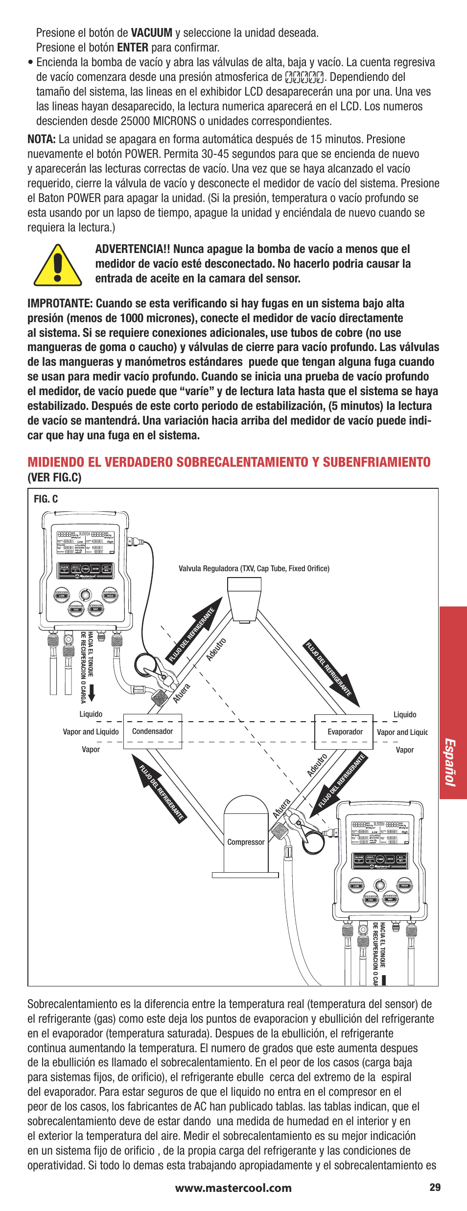 Español, Ver fig.c), Fig. c | Mastercool 90413 4-way Valve Digital Manifold User Manual | Page 29 / 48
