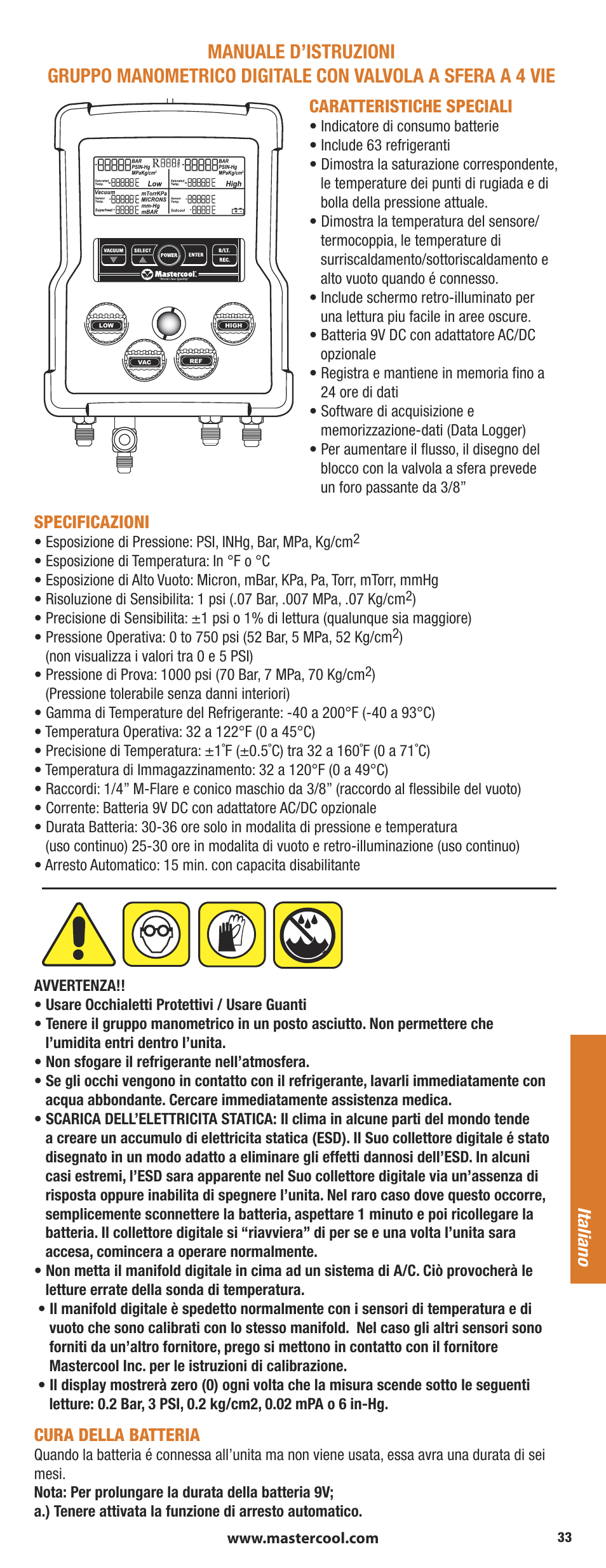Caratteristiche speciali, Specificazioni, Cura della batteria | Italiano | Mastercool 90413 4-way Valve Digital Manifold User Manual | Page 33 / 48