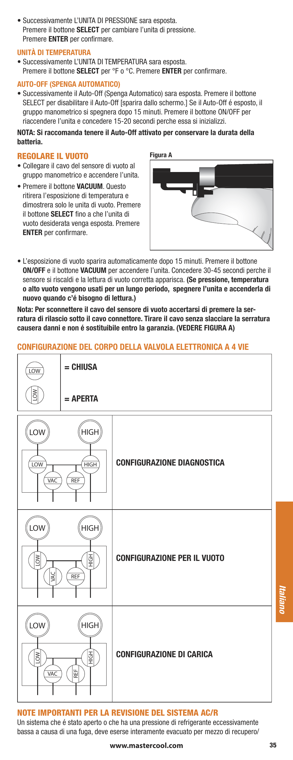 Regolare il vuoto, Chiusa = aperta, Configurazione diagnostica | Configurazione per il vuoto, Italiano | Mastercool 90413 4-way Valve Digital Manifold User Manual | Page 35 / 48