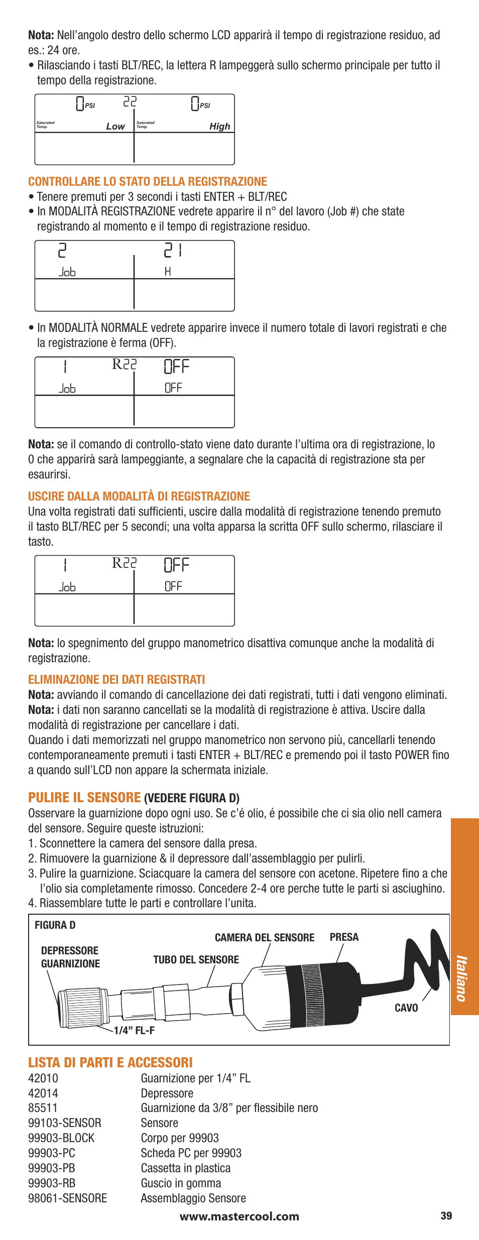 Pulire il sensore, Lista di parti e accessori, Italiano | Mastercool 90413 4-way Valve Digital Manifold User Manual | Page 39 / 48
