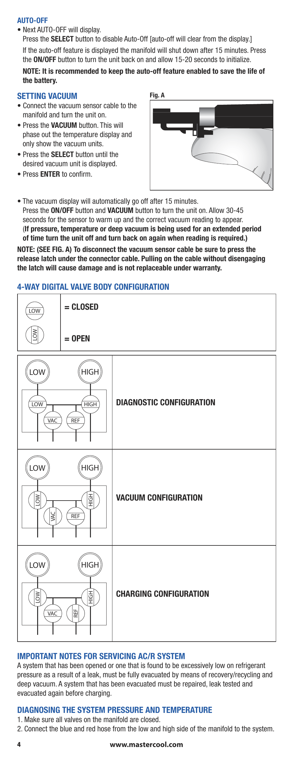 Setting vacuum, Way digital valve body configuration, Closed = open | Diagnostic configuration, Vacuum configuration, Diagnosing the system pressure and temperature | Mastercool 90413 4-way Valve Digital Manifold User Manual | Page 4 / 48