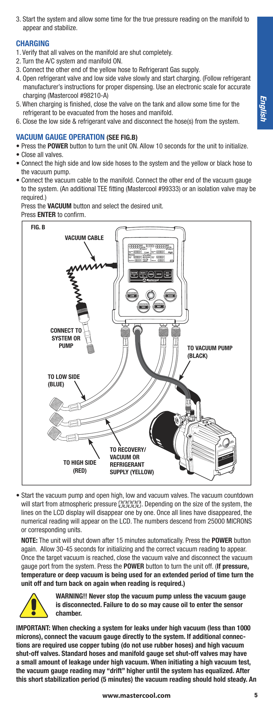 Charging, Vacuum gauge operation, English | Mastercool 90413 4-way Valve Digital Manifold User Manual | Page 5 / 48