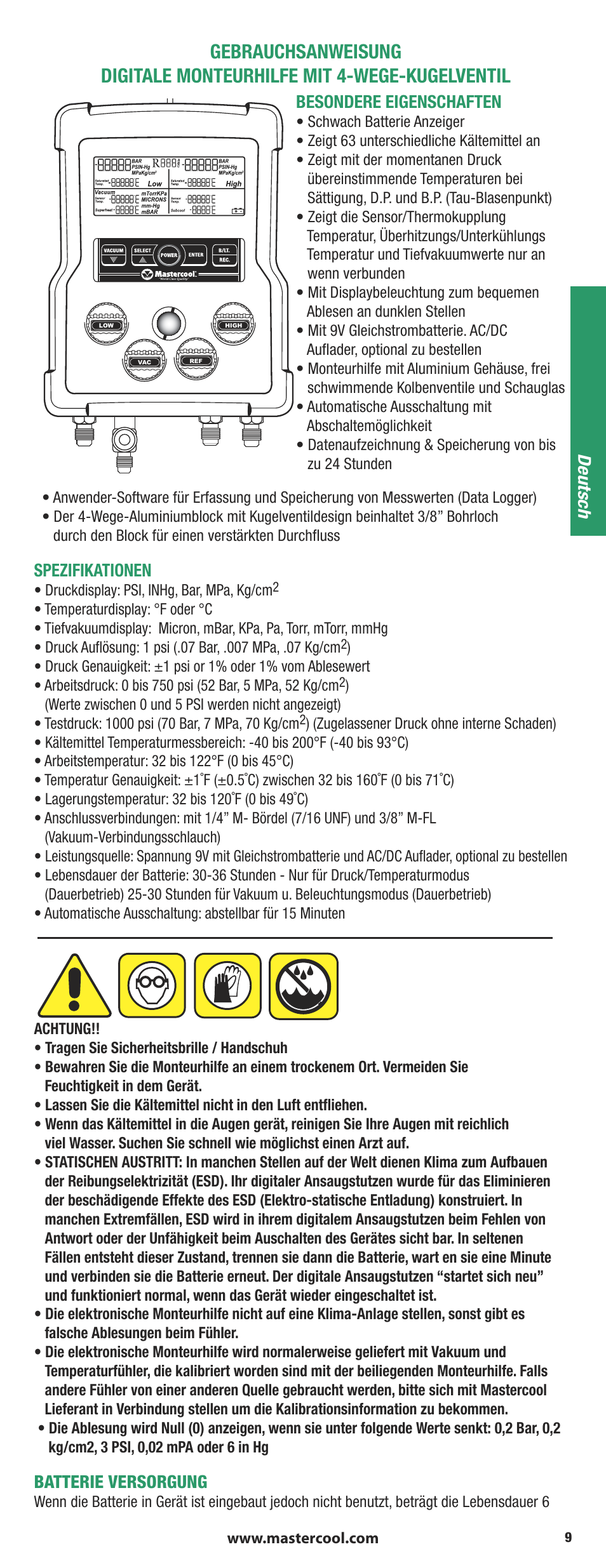 Besondere eigenschaften, Spezifikationen, Batterie versorgung | Deutsch | Mastercool 90413 4-way Valve Digital Manifold User Manual | Page 9 / 48