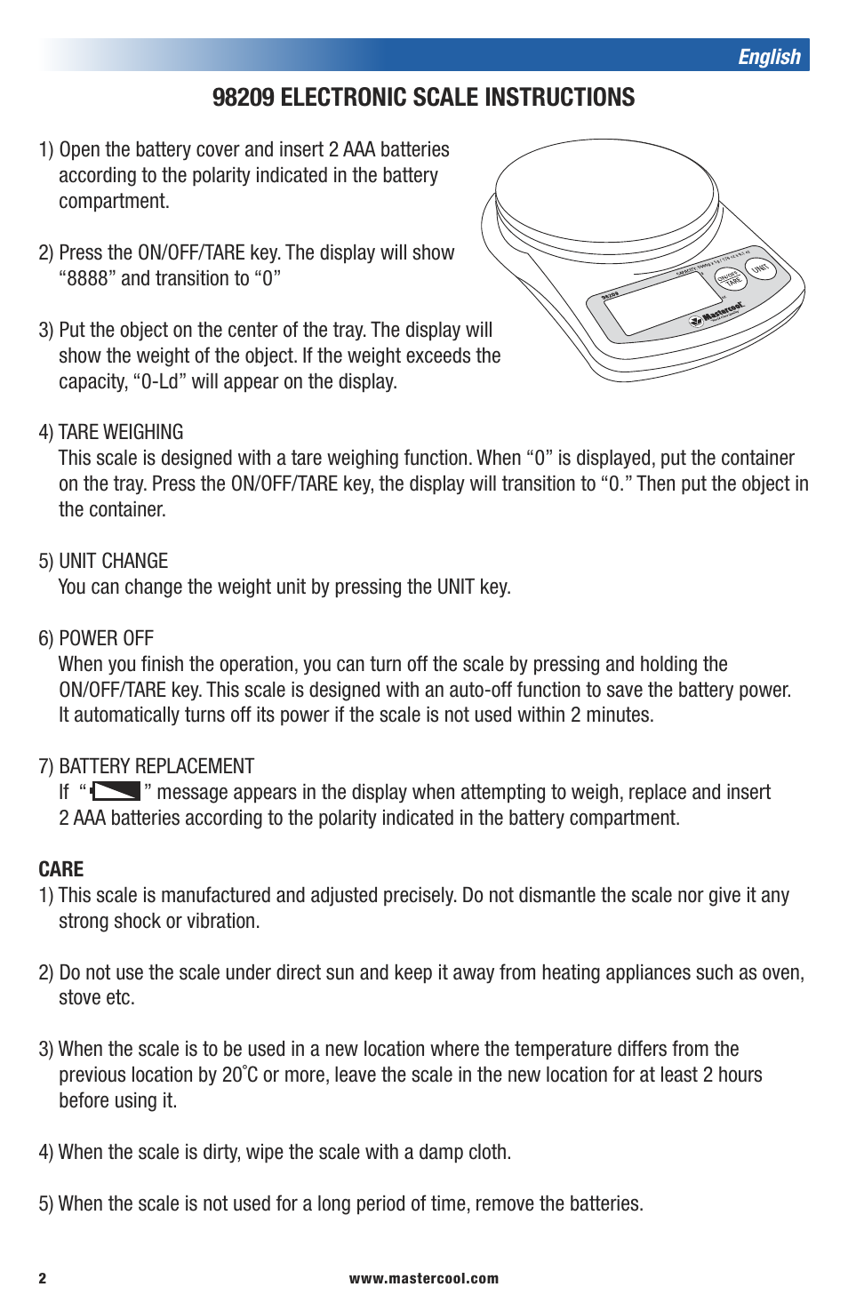 Mastercool 98209 ELECTRONIC REFRIGERANT SCALE User Manual | Page 2 / 8