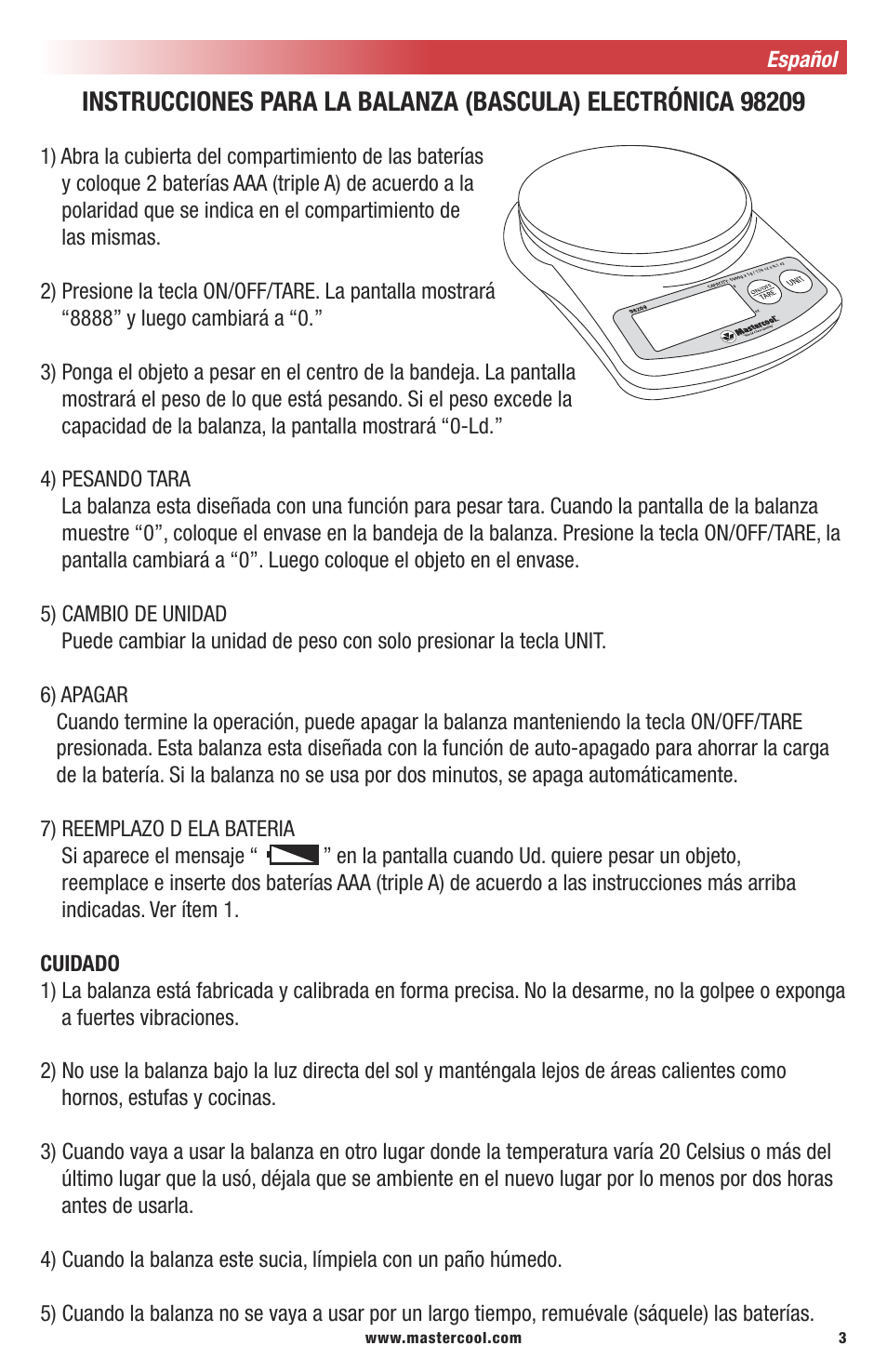 Mastercool 98209 ELECTRONIC REFRIGERANT SCALE User Manual | Page 3 / 8