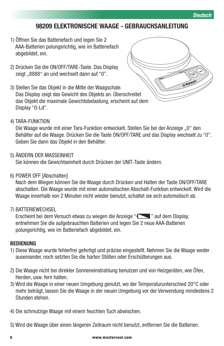 Mastercool 98209 ELECTRONIC REFRIGERANT SCALE User Manual | Page 6 / 8