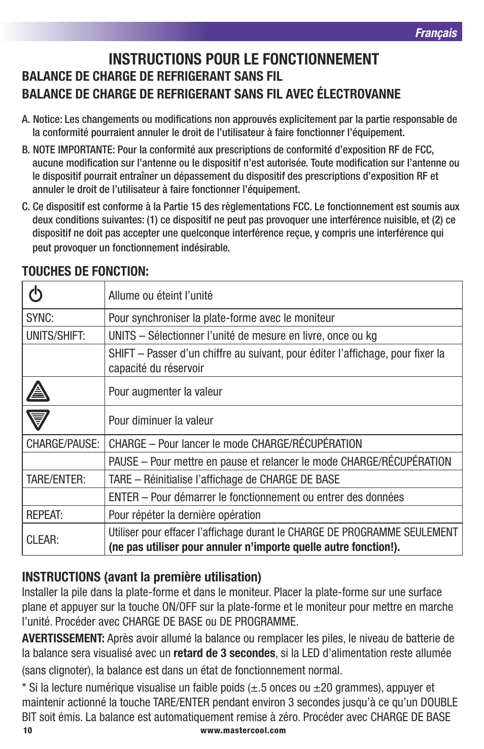Instructions pour le fonctionnement | Mastercool 98315 WIRELESS CHARGING SCALE WITH SOLENOID User Manual | Page 10 / 24