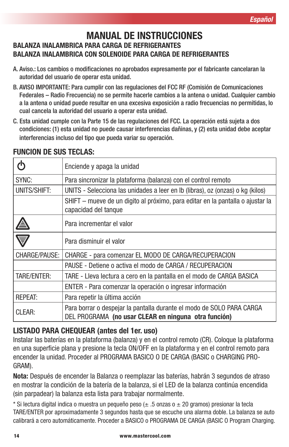 Manual de instrucciones | Mastercool 98315 WIRELESS CHARGING SCALE WITH SOLENOID User Manual | Page 14 / 24