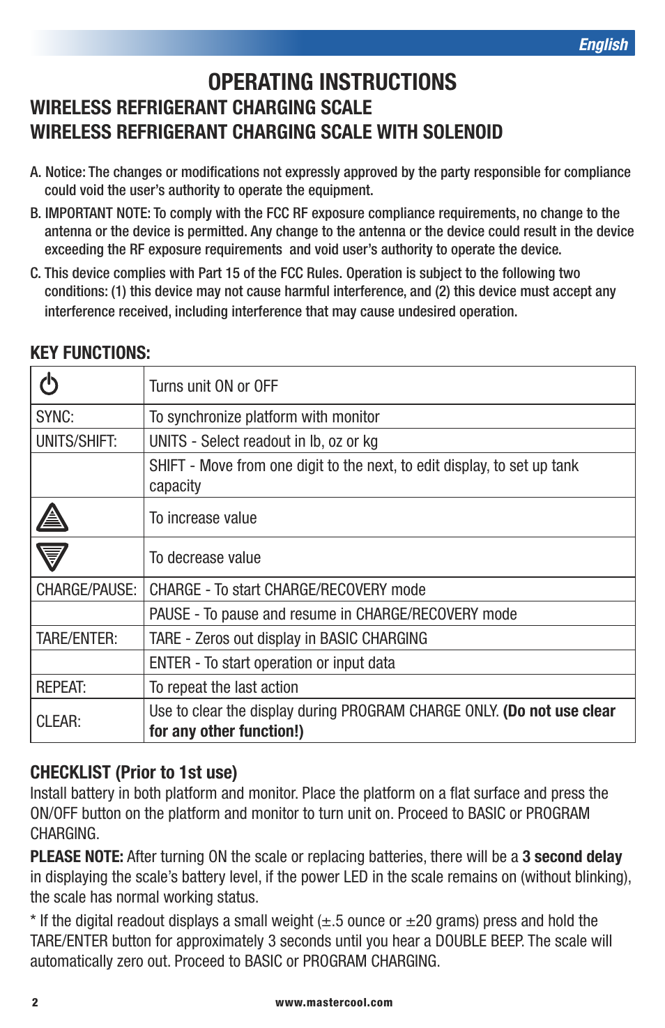 Operating instructions | Mastercool 98315 WIRELESS CHARGING SCALE WITH SOLENOID User Manual | Page 2 / 24