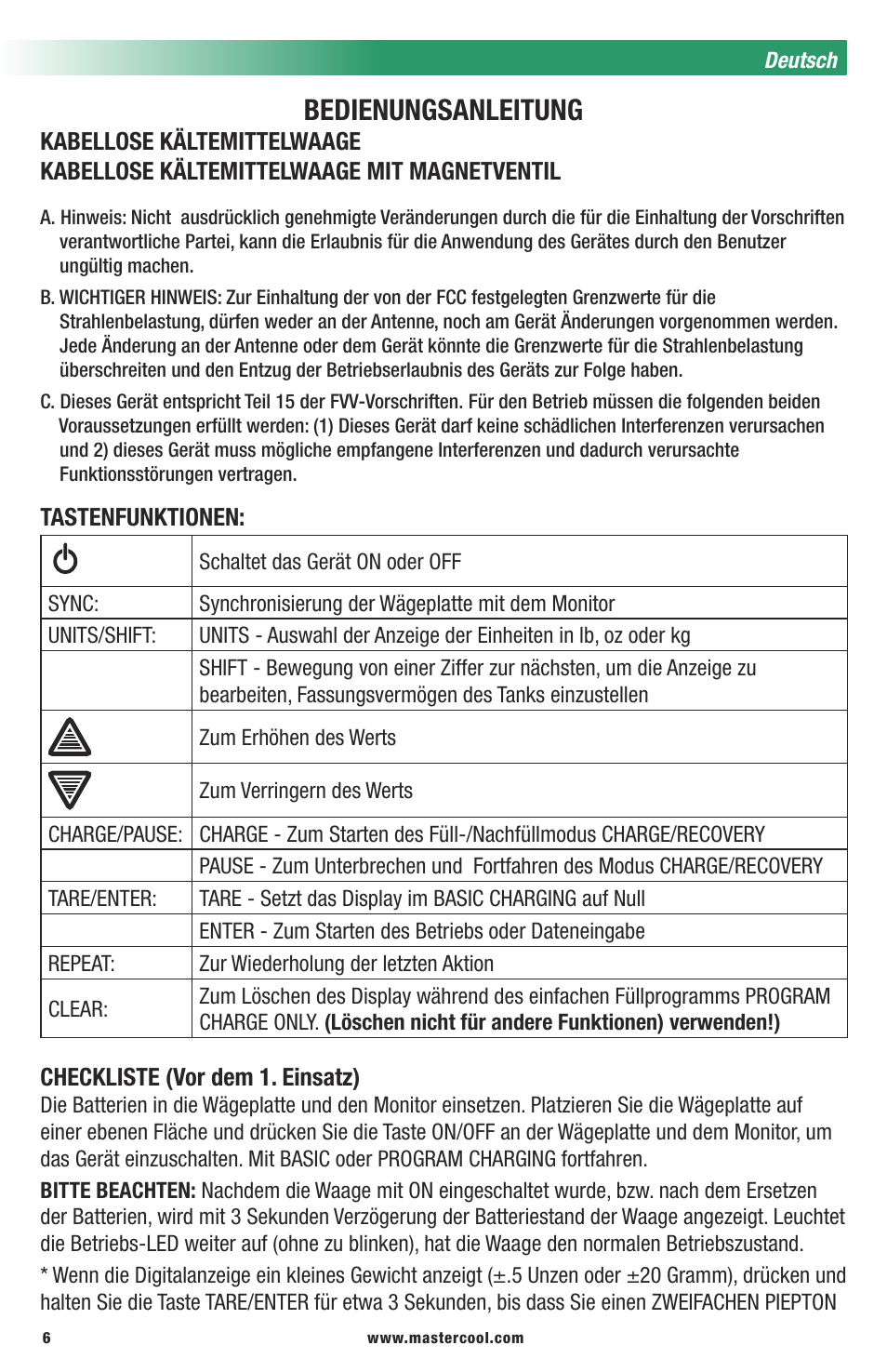 Bedienungsanleitung | Mastercool 98315 WIRELESS CHARGING SCALE WITH SOLENOID User Manual | Page 6 / 24