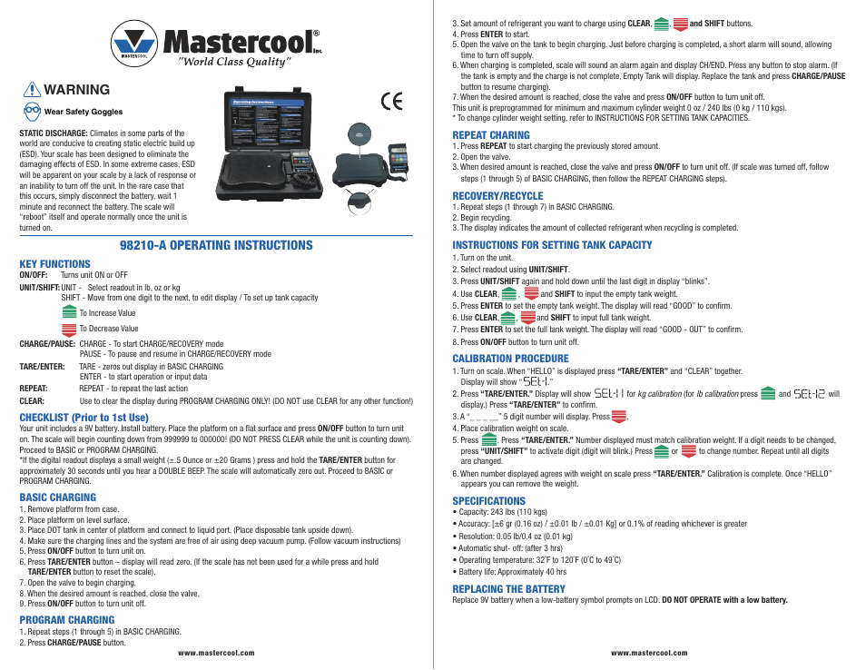 Mastercool 98210-A ACCU-CHARGE II ELECTRONIC REFRIGERANT SCALE User Manual | 1 page
