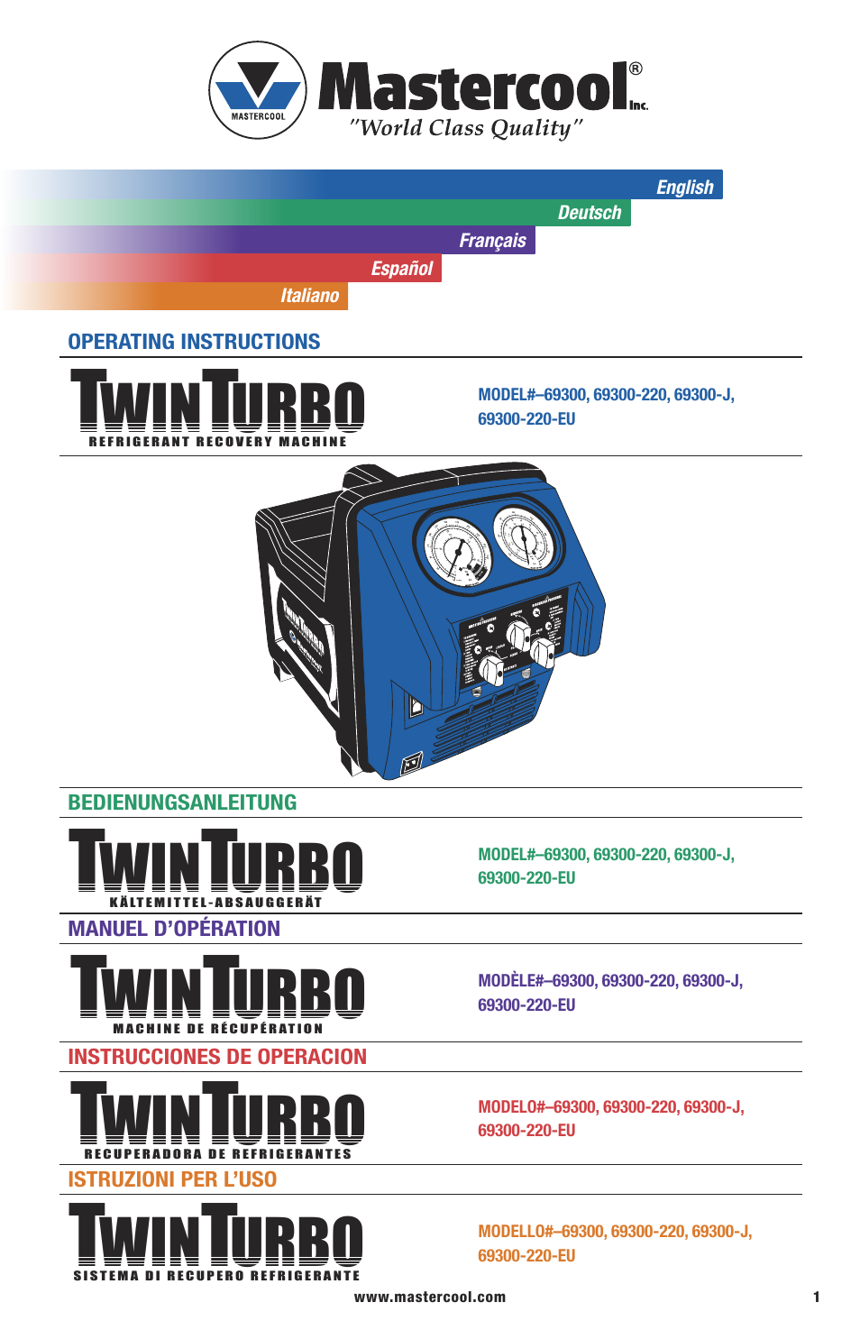 Mastercool 69300-220 TWIN TURBO REFRIGERANT RECOVERY SYSTEM User Manual | 16 pages