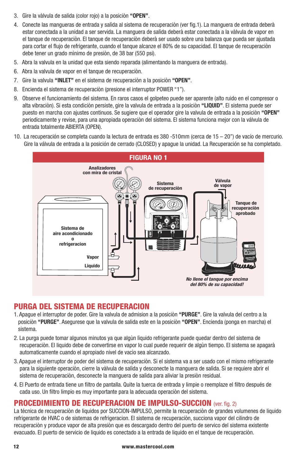 Purga del sistema de recuperacion, Procedimiento de recuperacion de impulso-succion, Figura no 1 | Mastercool 69300-220 TWIN TURBO REFRIGERANT RECOVERY SYSTEM User Manual | Page 12 / 16