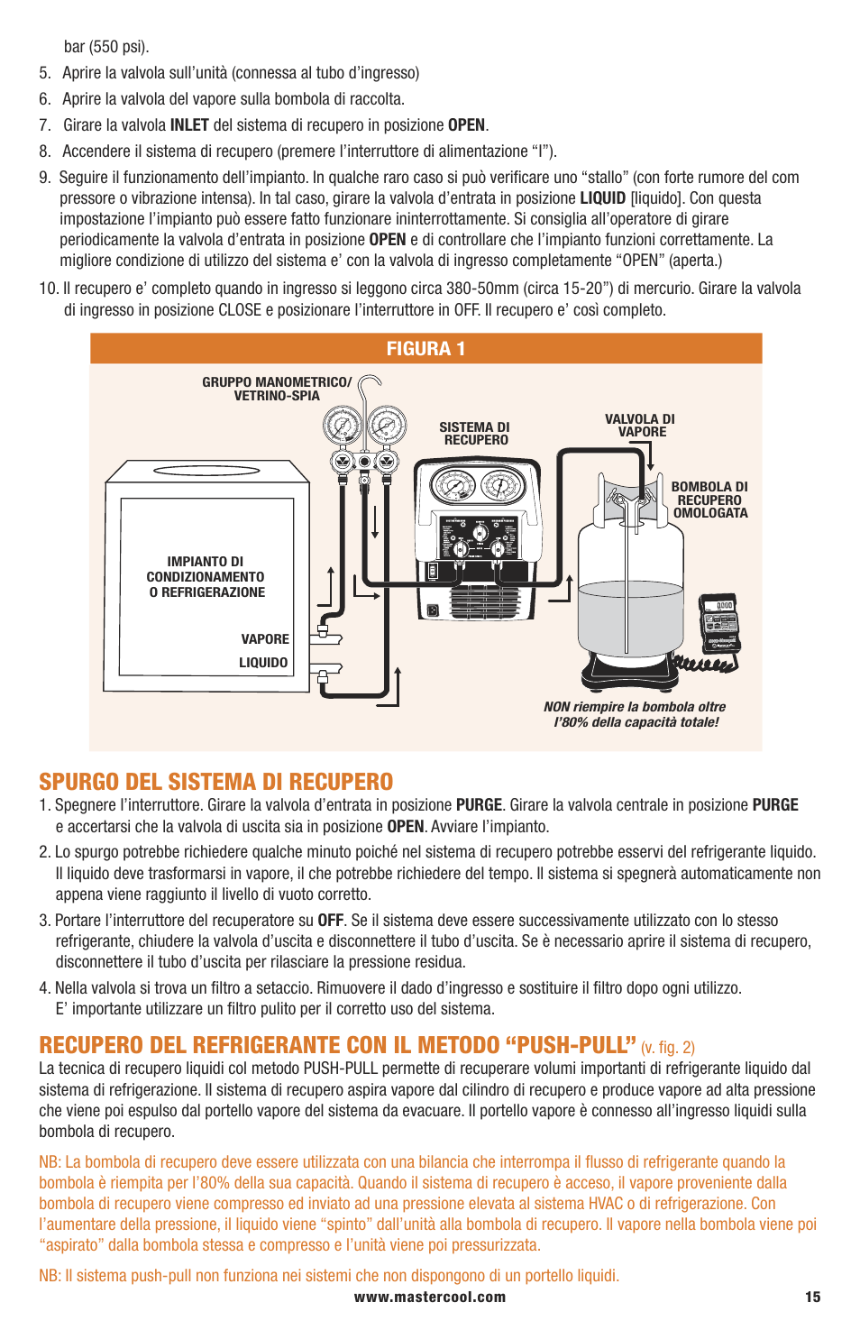 Spurgo del sistema di recupero, Recupero del refrigerante con il metodo “push-pull | Mastercool 69300-220 TWIN TURBO REFRIGERANT RECOVERY SYSTEM User Manual | Page 15 / 16