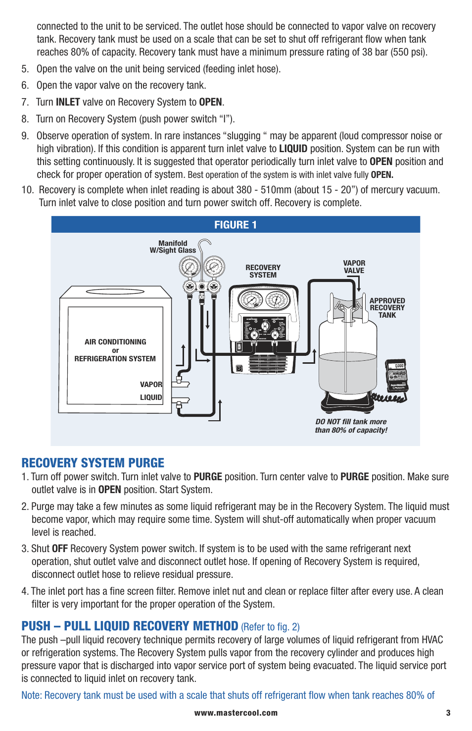 Recovery system purge, Push – pull liquid recovery method | Mastercool 69300-220 TWIN TURBO REFRIGERANT RECOVERY SYSTEM User Manual | Page 3 / 16