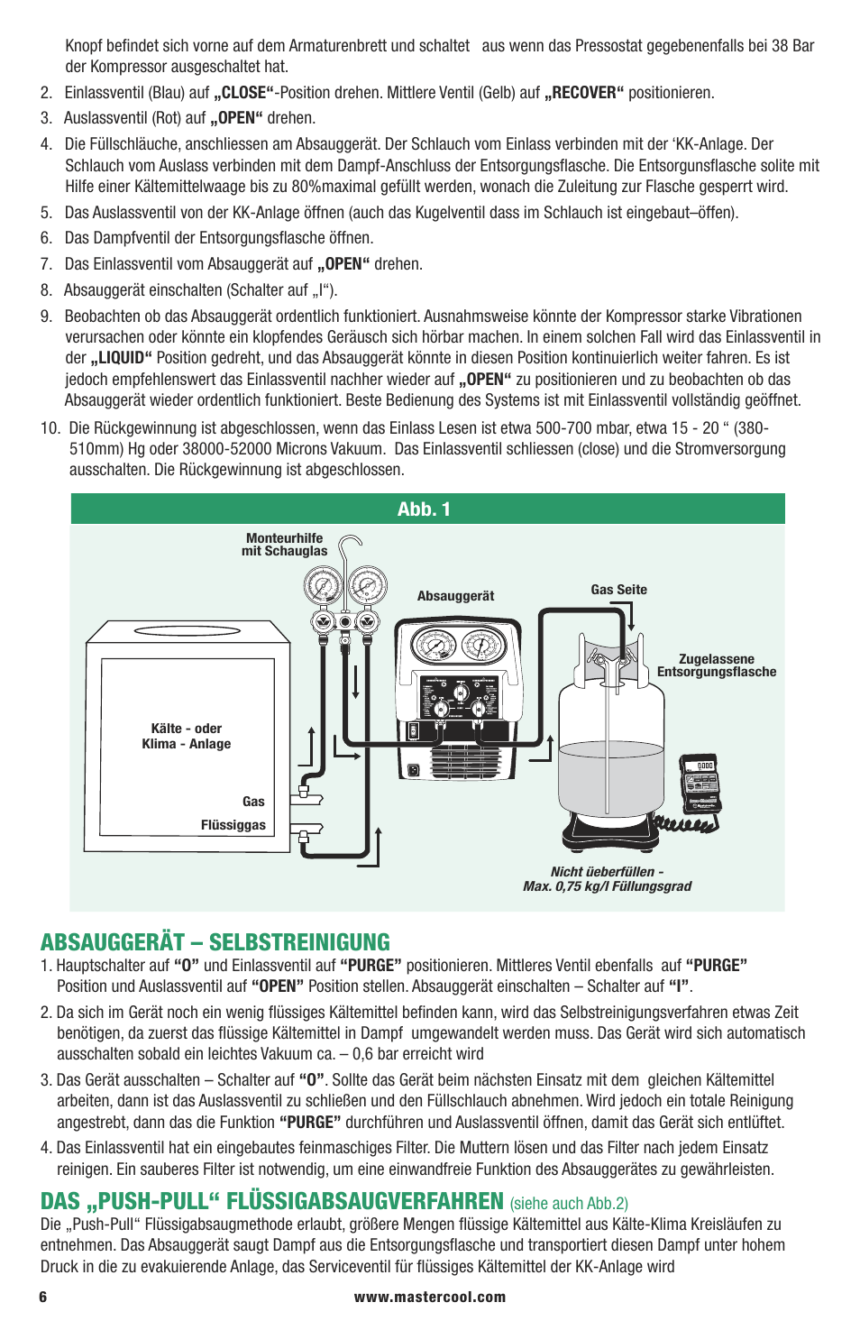 Absauggerät – selbstreinigung, Das „push-pull“ flüssigabsaugverfahren, Abb. 1 | Mastercool 69300-220 TWIN TURBO REFRIGERANT RECOVERY SYSTEM User Manual | Page 6 / 16