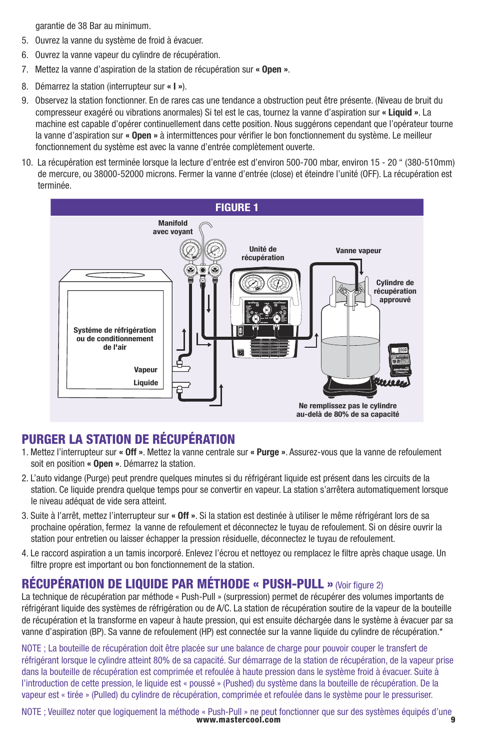 Purger la station de récupération, Récupération de liquide par méthode « push-pull | Mastercool 69300-220 TWIN TURBO REFRIGERANT RECOVERY SYSTEM User Manual | Page 9 / 16