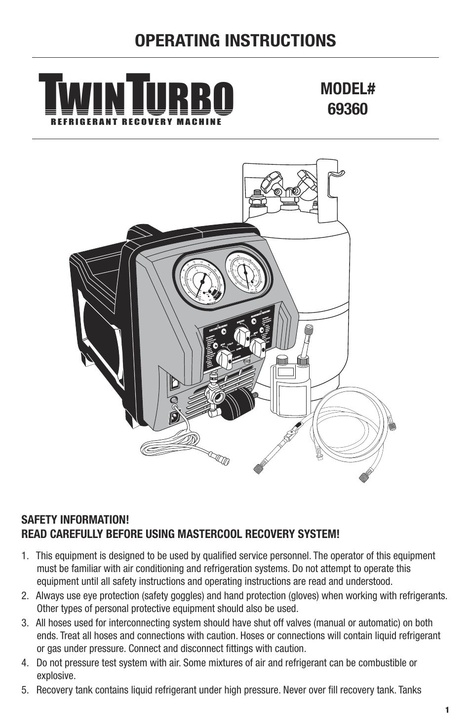 Mastercool 69360 TWIN TURBO REFRIGERANT RECOVERY SYSTEM User Manual | 4 pages