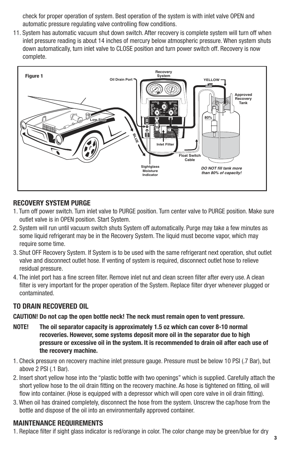 Recovery system purge, Maintenance requirements | Mastercool 69360 TWIN TURBO REFRIGERANT RECOVERY SYSTEM User Manual | Page 3 / 4