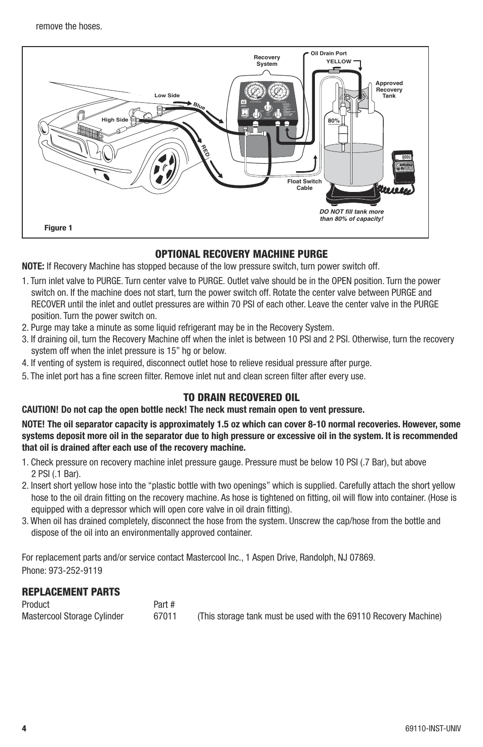 Optional recovery machine purge, Replacement parts, Remove the hoses | Mastercool 69110 AUTOMOTIVE A-C RECOVERY SYSTEM User Manual | Page 4 / 4