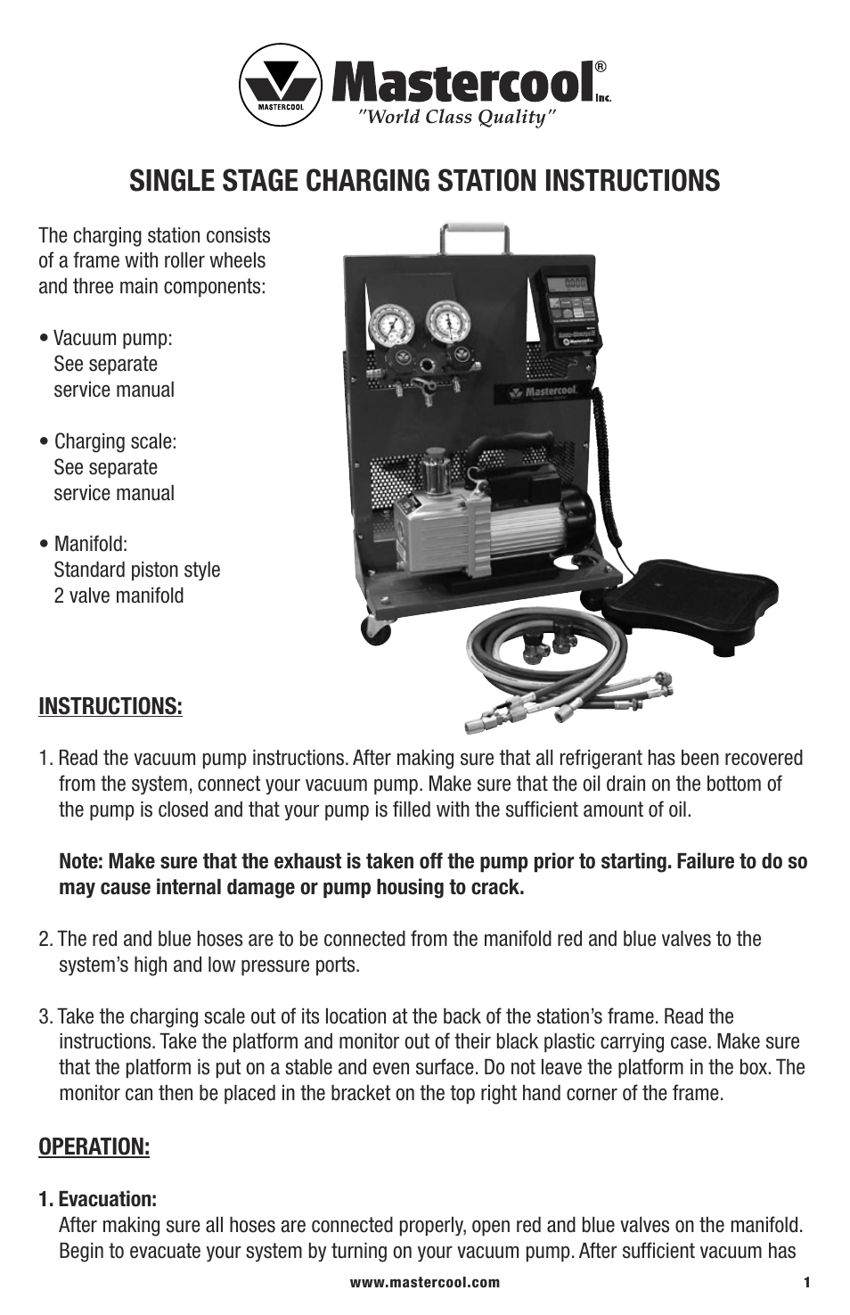 Mastercool 91585-B Single Stage Charging Station User Manual | 2 pages