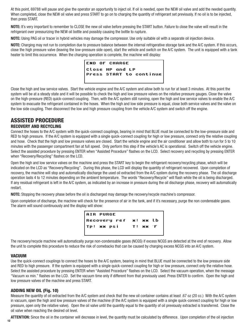 Assisted procedure | Mastercool 69788 RECOVERY_RECYCLE_RECHARGE User Manual | Page 12 / 24