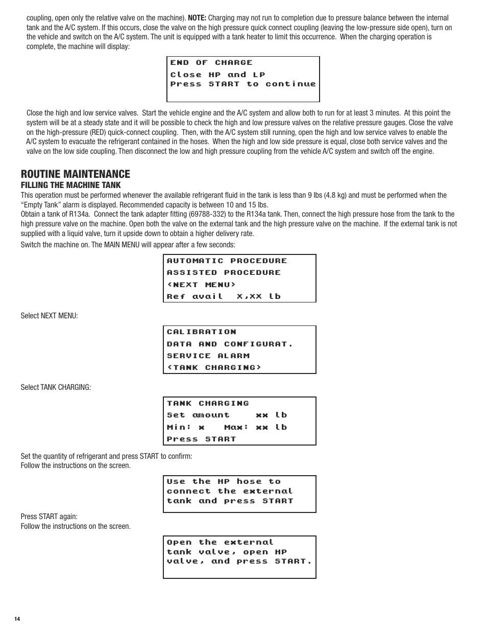 Routine maintenance, Filling the machine tank | Mastercool 69788 RECOVERY_RECYCLE_RECHARGE User Manual | Page 14 / 24