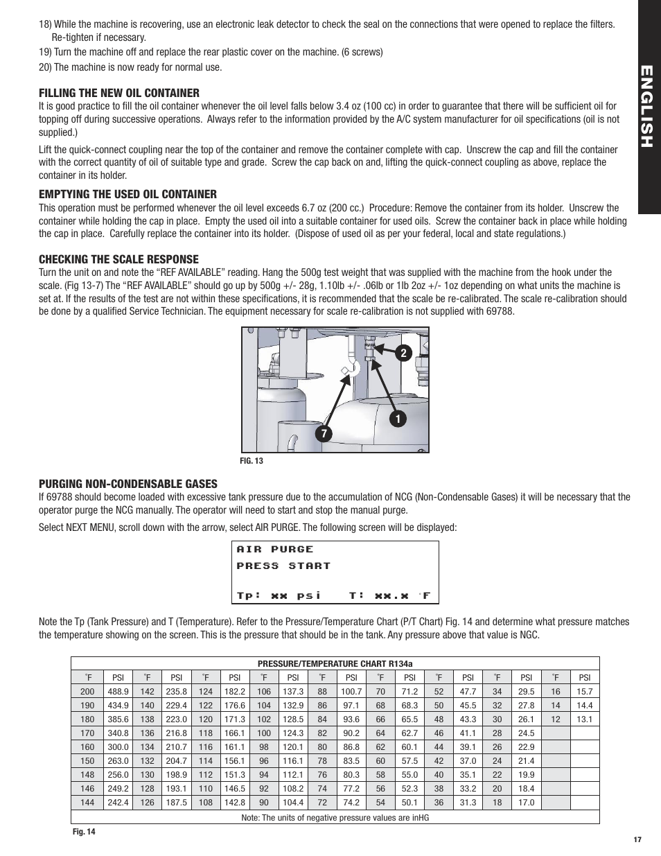 En g l is h, Filling the new oil container, Emptying the used oil container | Checking the scale response, Purging non-condensable gases | Mastercool 69788 RECOVERY_RECYCLE_RECHARGE User Manual | Page 17 / 24