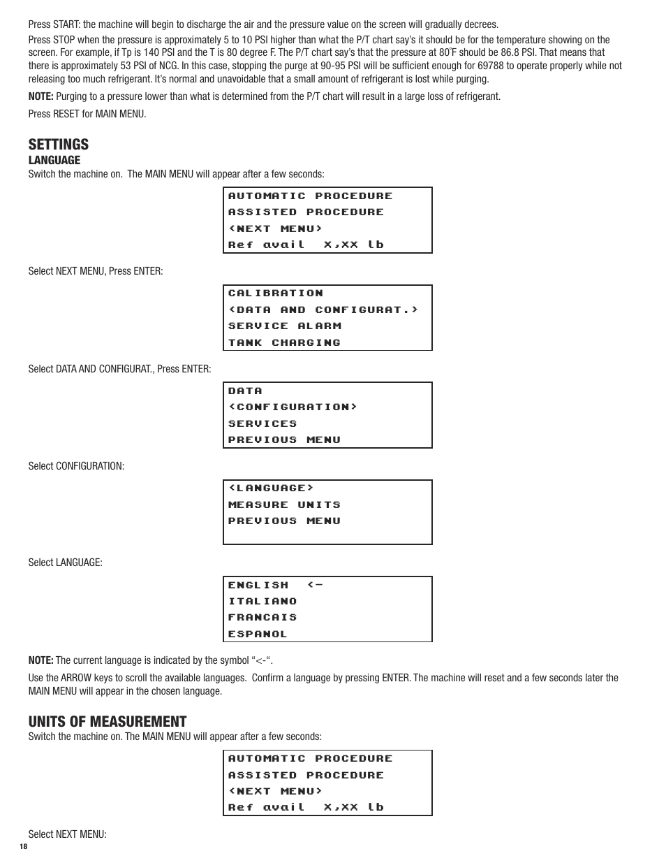 Settings, Units of measurement, Language | Mastercool 69788 RECOVERY_RECYCLE_RECHARGE User Manual | Page 18 / 24