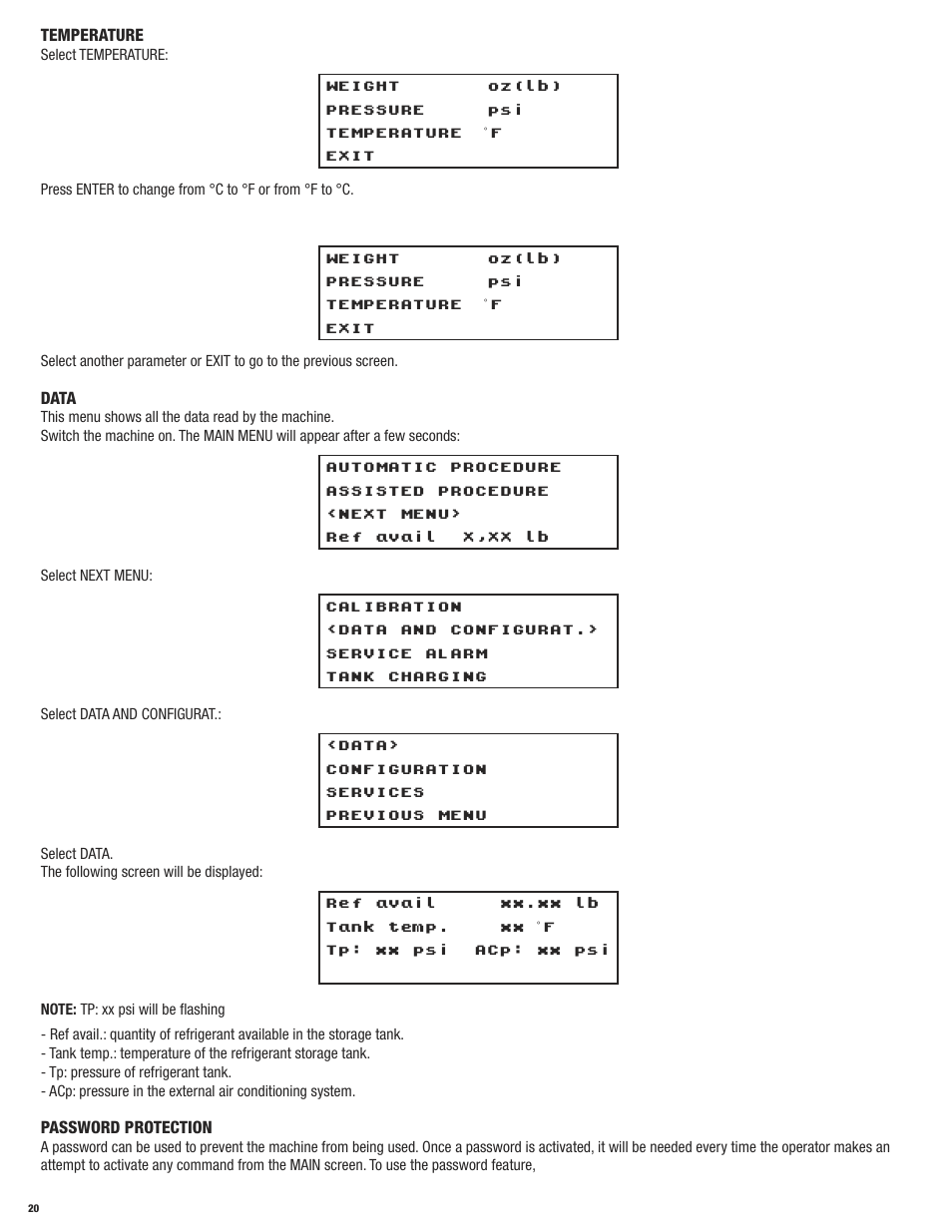 Temperature, Data, Password protection | Mastercool 69788 RECOVERY_RECYCLE_RECHARGE User Manual | Page 20 / 24