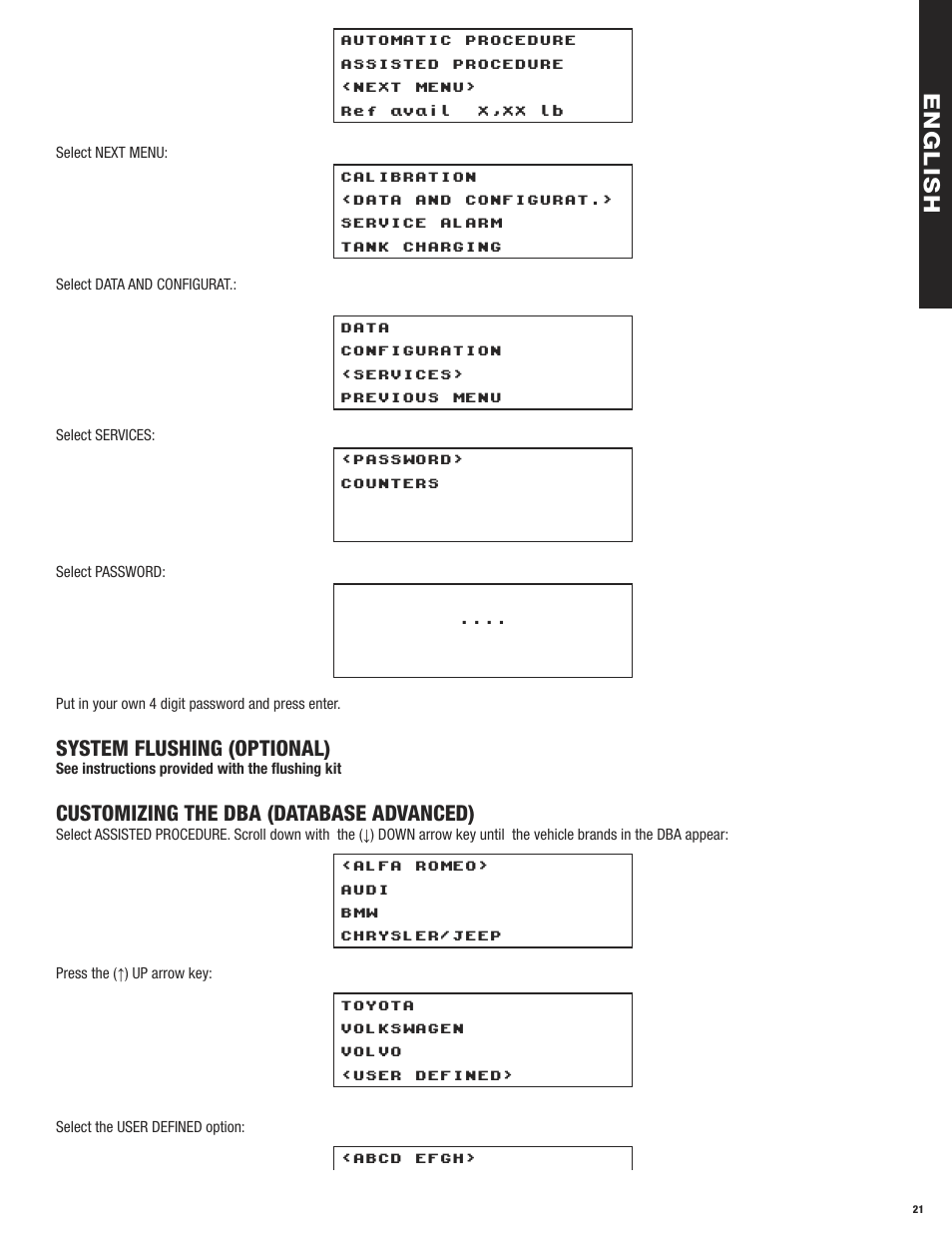 En g l is h, System flushing (optional), Customizing the dba (database advanced) | Mastercool 69788 RECOVERY_RECYCLE_RECHARGE User Manual | Page 21 / 24