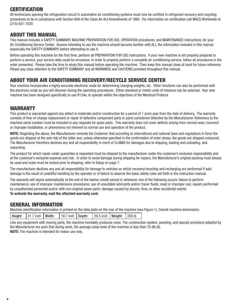 Certification, About this manual, Warranty | General information | Mastercool 69788 RECOVERY_RECYCLE_RECHARGE User Manual | Page 6 / 24