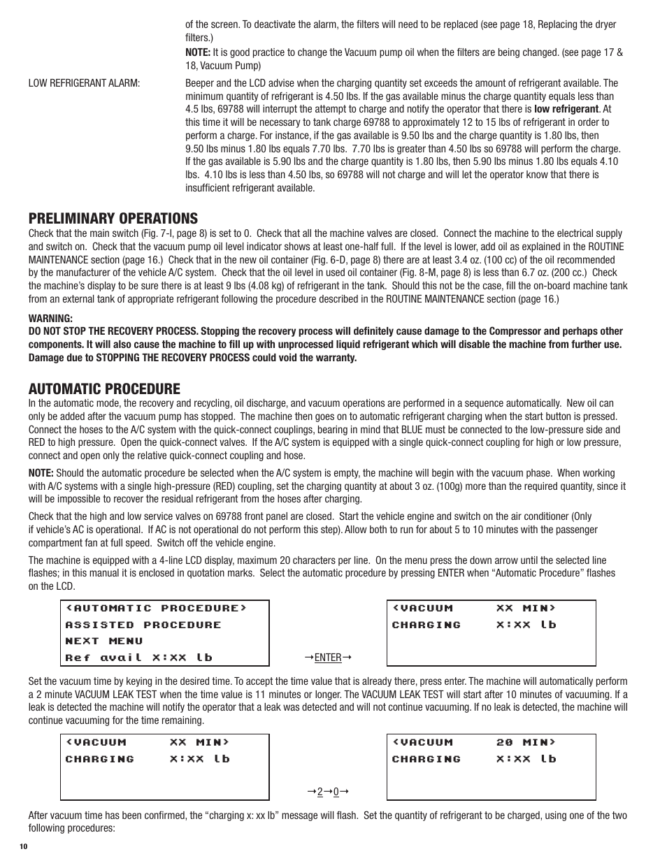 Preliminary operations, Automatic procedure | Mastercool 69788-A R134a RECOVERY_RECYCLE_RECHARGE User Manual | Page 10 / 24