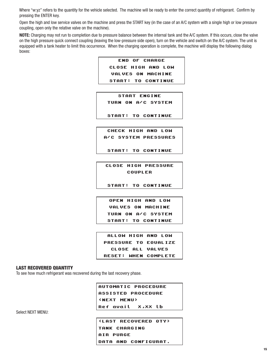 Last recovered quantity | Mastercool 69788-A R134a RECOVERY_RECYCLE_RECHARGE User Manual | Page 15 / 24